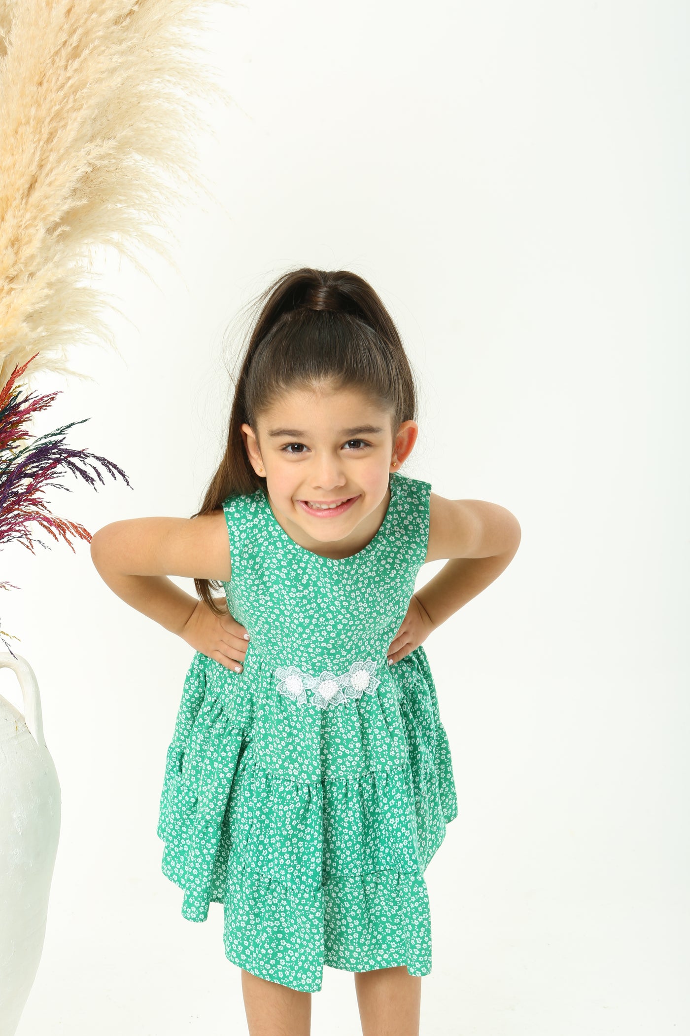 Yeşil Mini Çiçek Desenli Kolsuz Kız Çocuk Elbise