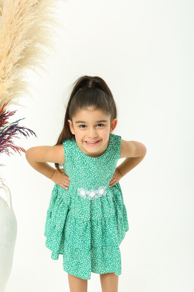Yeşil Mini Çiçek Desenli Kolsuz Kız Çocuk Elbise