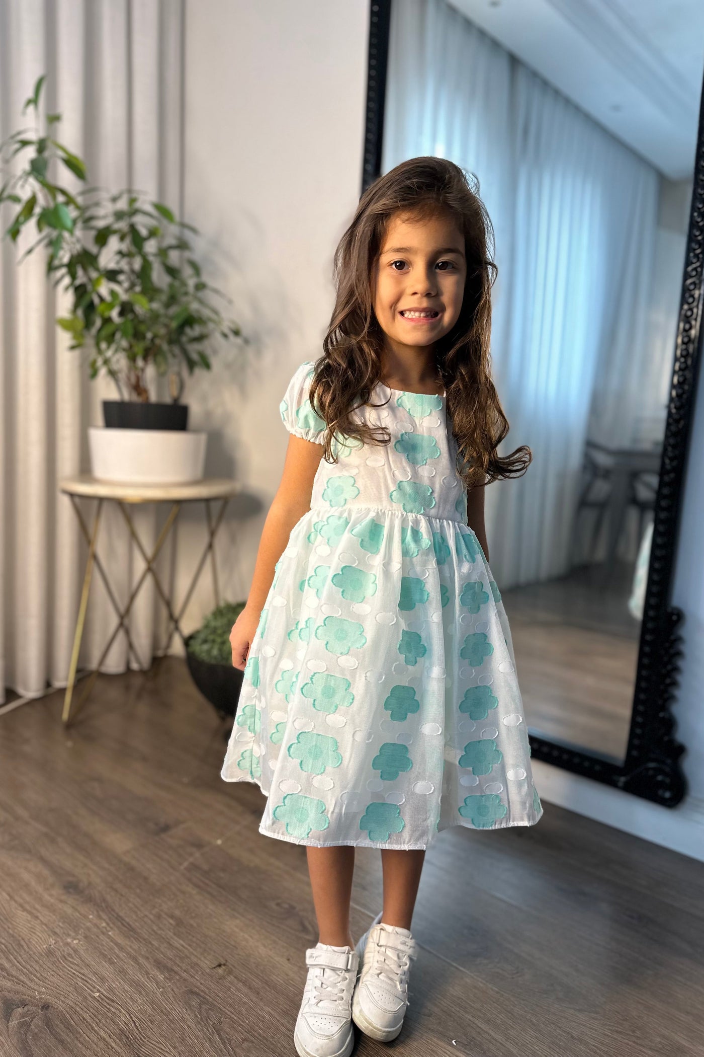 Mint Yeşili Bulut Desenli Tül Detaylı Kız Çocuk Elbise