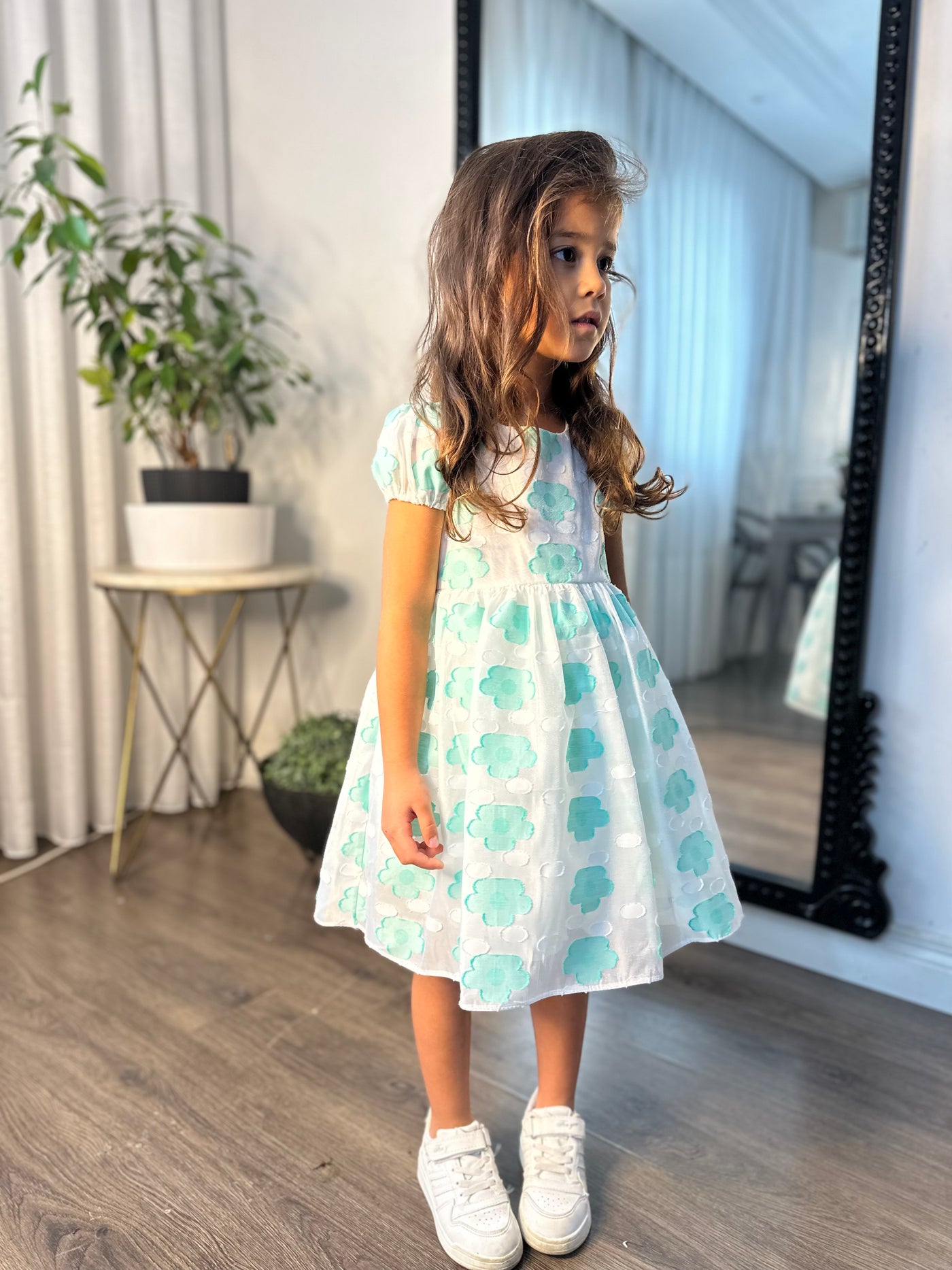 Mint Yeşili Bulut Desenli Tül Detaylı Kız Çocuk Elbise