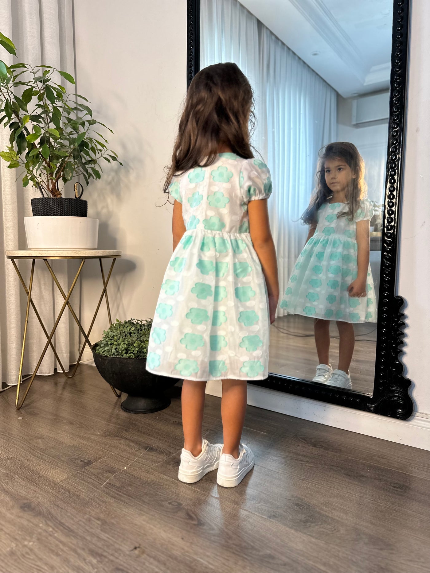 Mint Yeşili Bulut Desenli Tül Detaylı Kız Çocuk Elbise