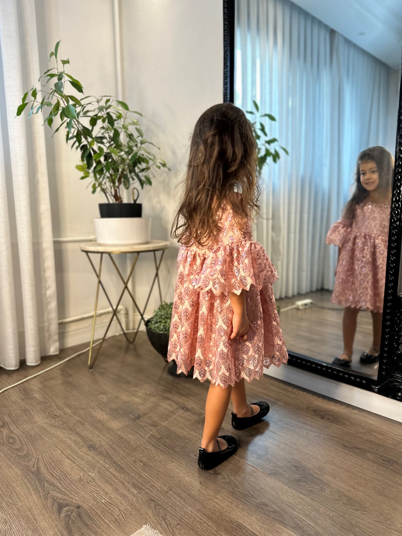 Pembe Pul Payet Dantel Kız Çocuk Elbise