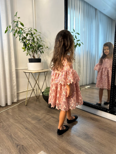 Pembe Pul Payet Dantel Kız Çocuk Elbise