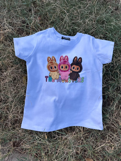 Mini Canavar Labubu Baskılı Beyaz Kız Çocuk Tişört