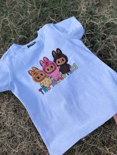Mini Canavar Labubu Baskılı Beyaz Kız Çocuk Tişört
