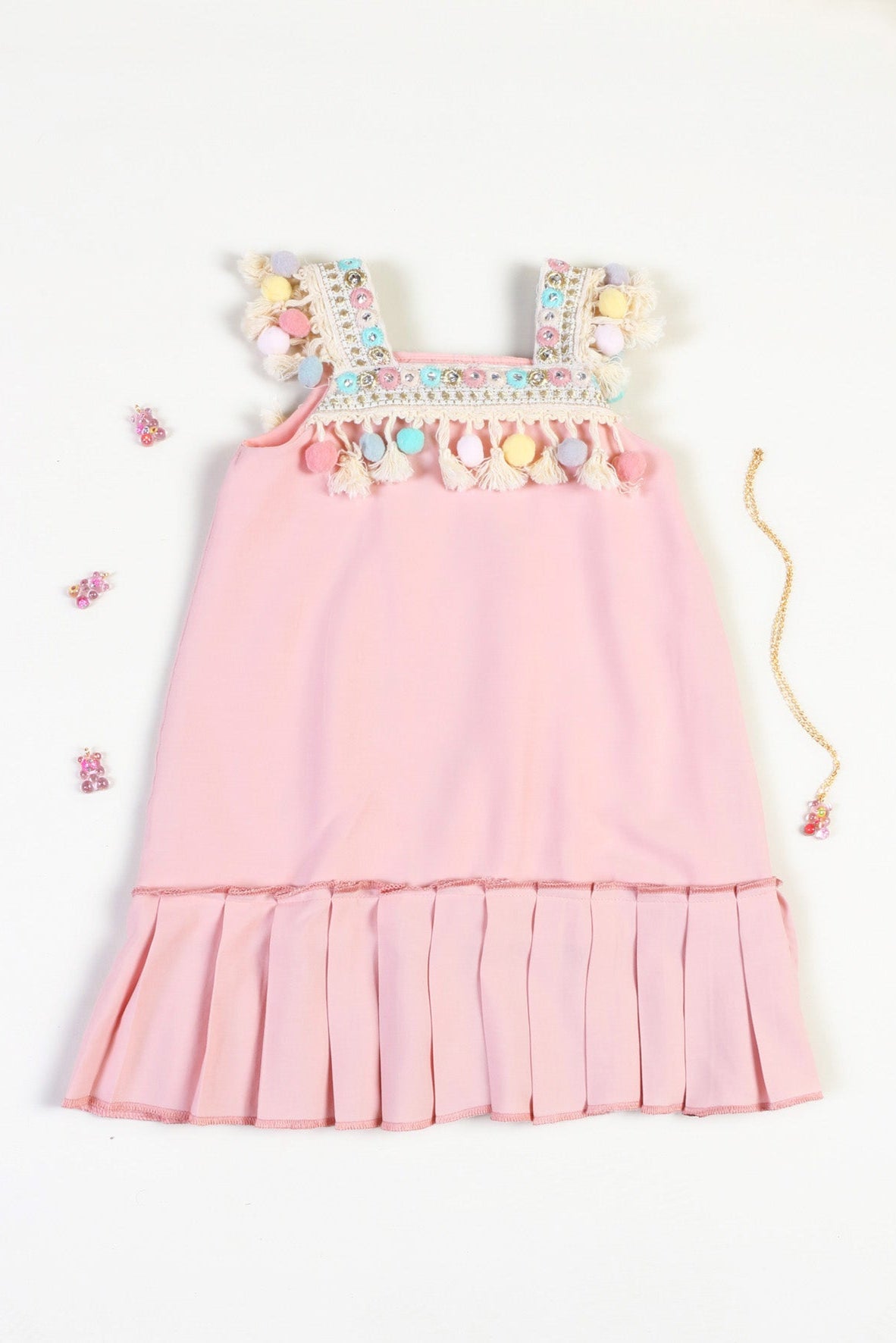 Pembe Ponpon Detaylı Askılı Kız Çocuk Elbise Love