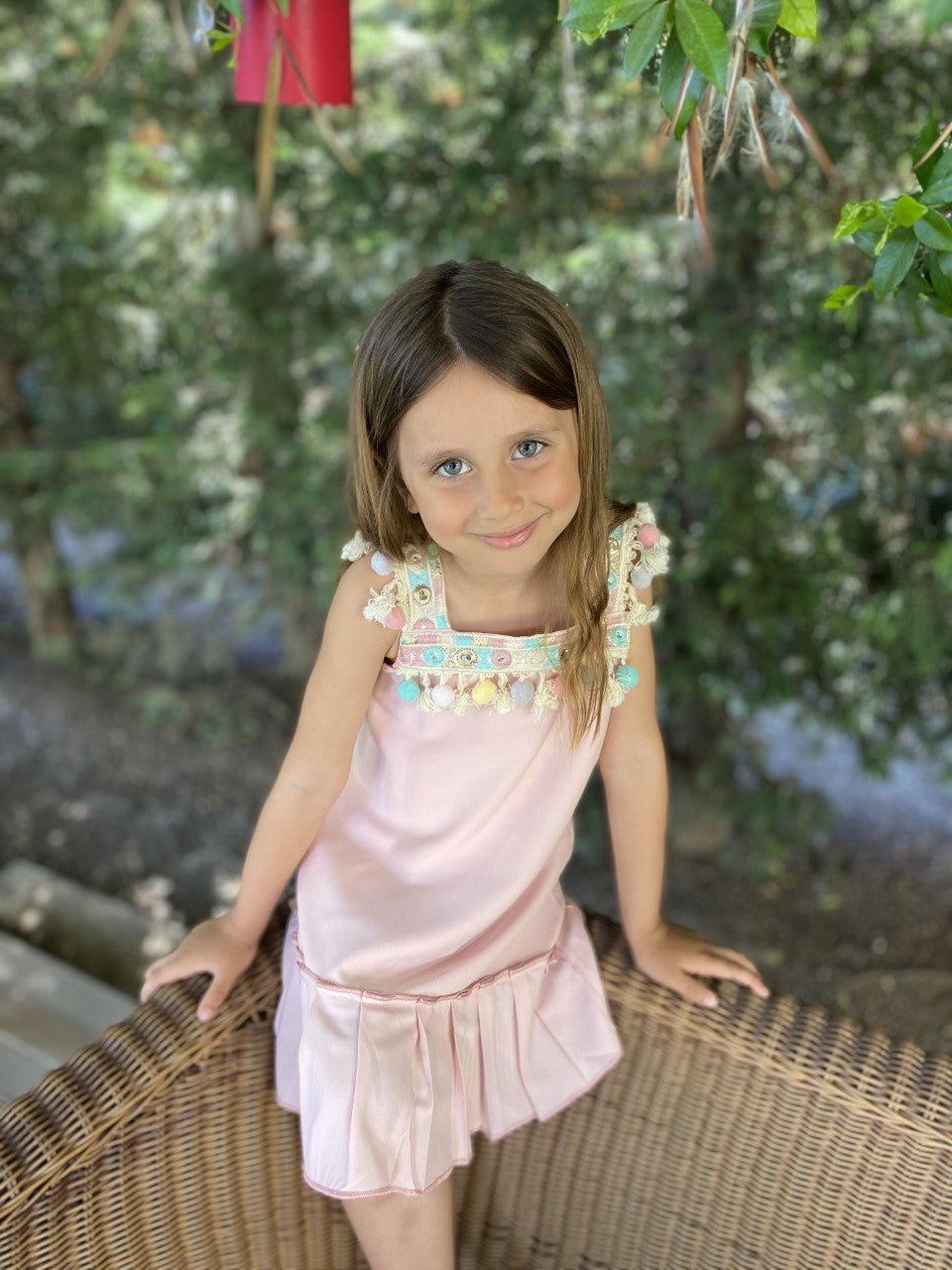 Pembe Ponpon Detaylı Askılı Kız Çocuk Elbise Love
