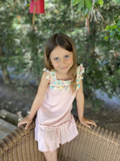 Pembe Ponpon Detaylı Askılı Kız Çocuk Elbise Love