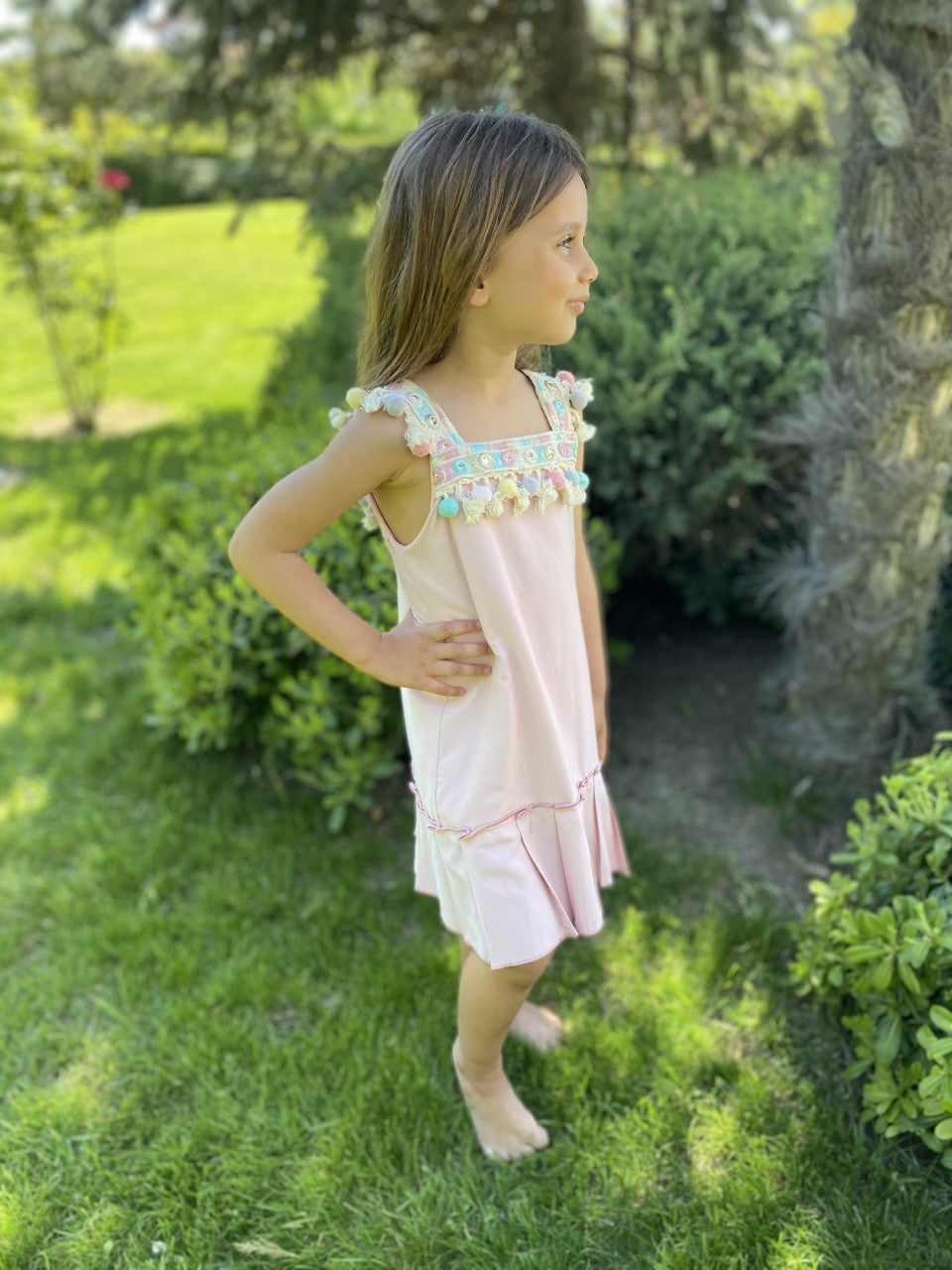 Pembe Ponpon Detaylı Askılı Kız Çocuk Elbise Love