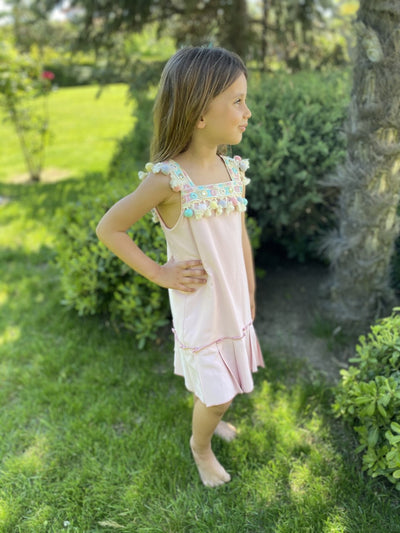 Pembe Ponpon Detaylı Askılı Kız Çocuk Elbise Love