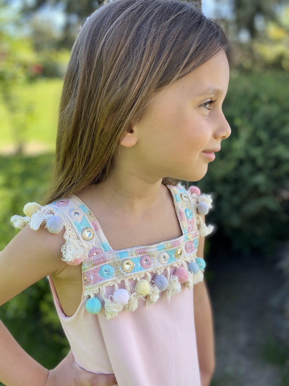 Pembe Ponpon Detaylı Askılı Kız Çocuk Elbise Love